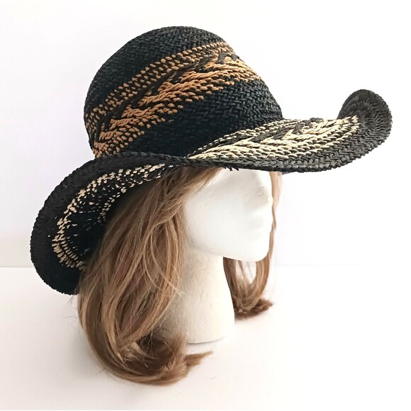 Barts Amsterdam Caledona Blk/Cream Straw Wide Brim Woven Sun Hat O/S